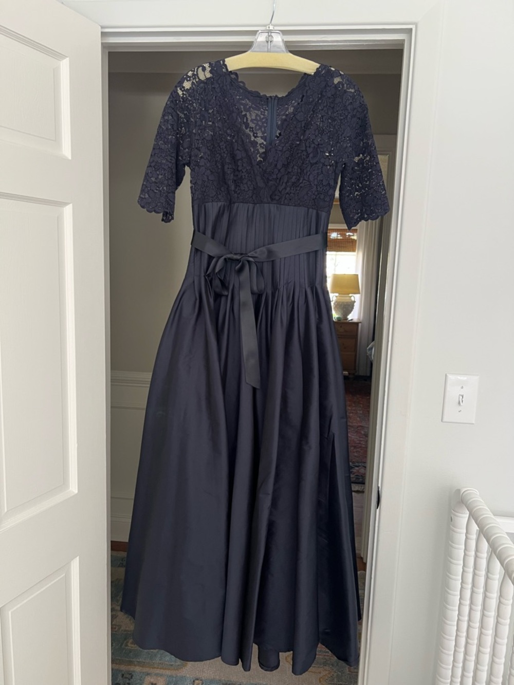 Teri Jon Navy Lace Bodice Satin Skirt Gown with Waist Sash
